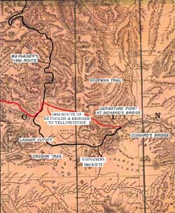 Map showing Reynold's and Maynadier's Routes as well as the departure point for the Bozeman Trail, refer to Acknowledgments#18