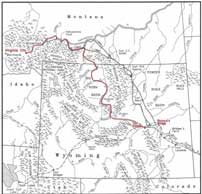 Map showing the Bridger Trail Route (in Red) through Wyoming and Montana, Click to Enlarge, Refer to Acknowledgements #6