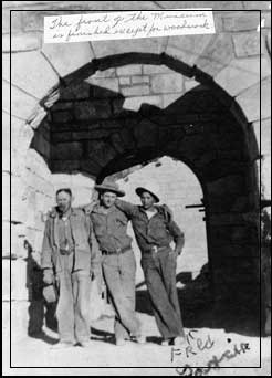 Three CCC workers in the doorway of the Guernsey State Park Museum.